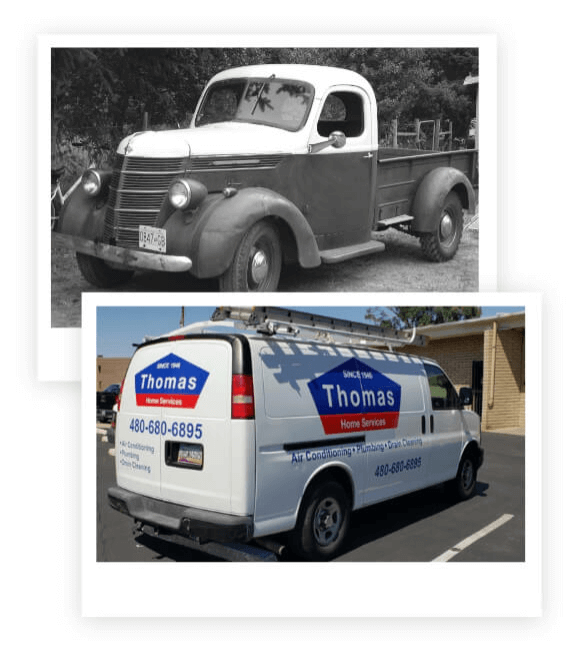 Thomas Home Services old and newest service truck photo